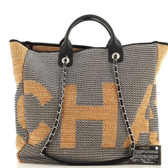 Chanel Deauville Logo Shopping Tote Printed Raffia Large Black, Neutral - Picture 2 of 9